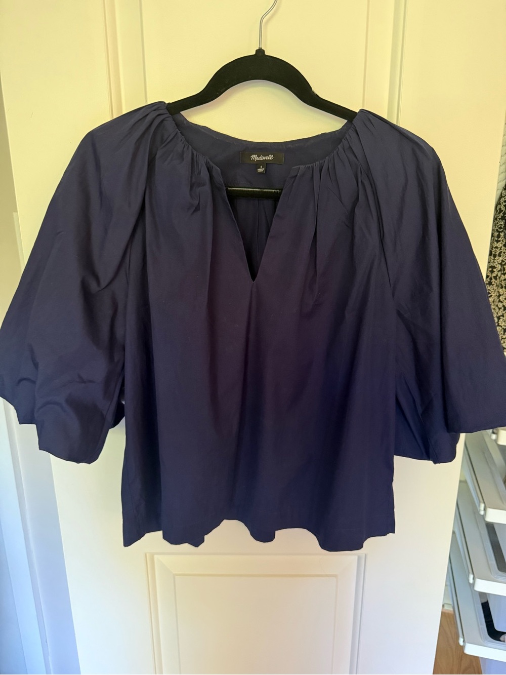 Madewell Navy V-Notch Peasant Top with Puff Sleeves - Never Worn!